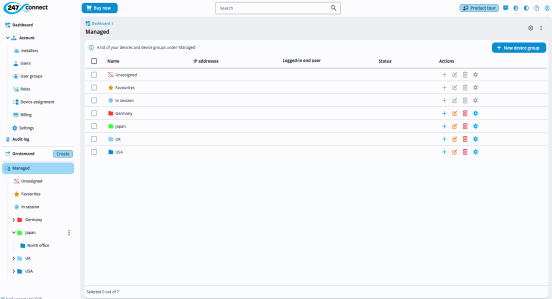 Web Portal with Managed selected in the side menu, showing a list of top-level device groups. The groups listed are Unassigned, Favourites, In session, Germany, Japan, UK, and USA. Each row includes columns for IP addresses, Logged-in end user, Status and Actions, with icons for adding, editing, deleting and configuring. A New device group button is at the top.